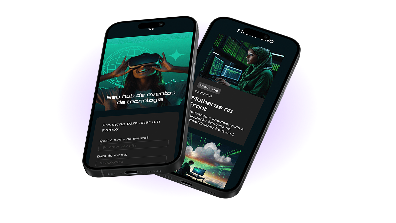 Tela do app Tecboard em dois celulares pretos sobrepostos, com destaque para o hub de eventos de tecnologia.